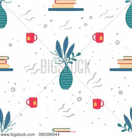 Vector Seamless Pattern With A Bowl With Flowers And A Bookshelf And A Cup Of Tea.