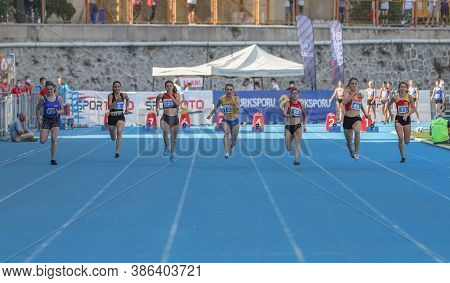 Istanbul, Turkey - September 12, 2020: Athletes Running 100 Metres During Balkan U20 Athletics Champ