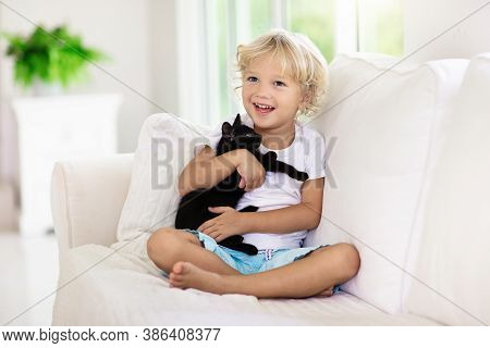 Child Playing With Baby Cat. Kid And Kitten.