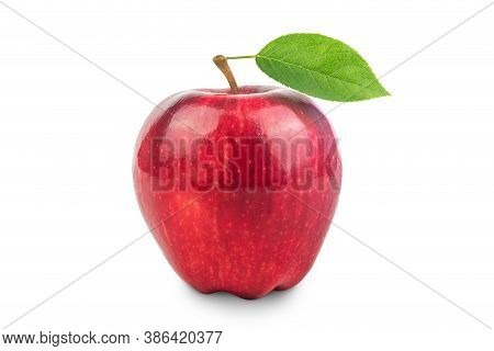 Ripe Red Apple Fruit And Green Apple Leaf Isolated On White Background. Apples And Leaf. Full Depth 