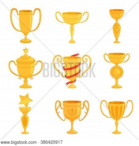 A Set Of Gold Cups Of Different Forms To Award The Winners. Prizes For The First Place In Competitio