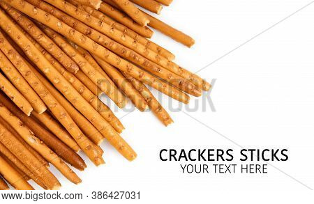 Creative Layout Made Of Crackers Sticks On The White Background. Food Concept. Edible Snack Dry Stic