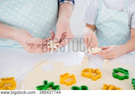 Cropped Close-up View Of Nice Hands Granddad Grandchild Preparing Cooking Cookies Sweet Snack Using 