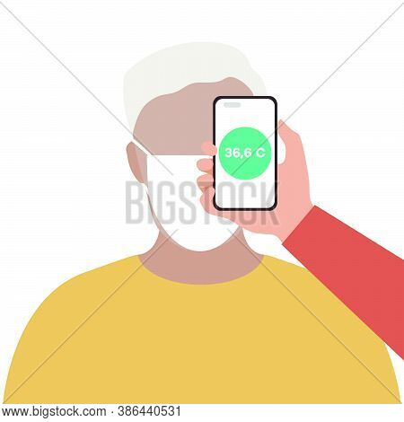 Vector Illustration Phone Placed On Forehead Of Person Remotely Measures Temperature. New Technology