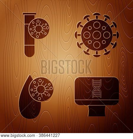 Set Dna Spiral And Computer, Test Tube With Virus, Blood Test And Virus And Virus On Wooden Backgrou