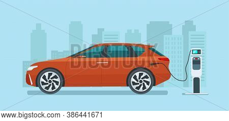 Electric Compact Cuv Isolated. Electric Car Is Charging, Side View. Vector Flat Illustration.