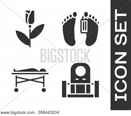 Set Grave With Tombstone, Flower Rose, Dead Body In The Morgue And Dead Body Icon. Vector