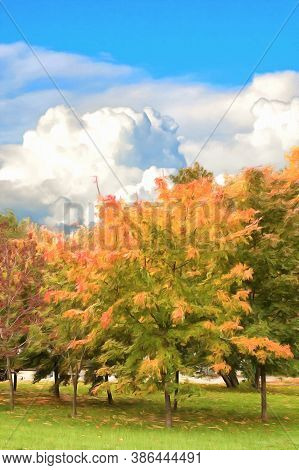 Watercolor Drawing. Autumn Maple Grove. Digital Painting - Illustration.