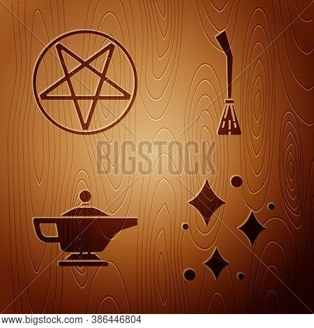 Set Sparkle Stars With Magical Glitter, Pentagram In A Circle, Magic Lamp Or Aladdin And Witches Bro