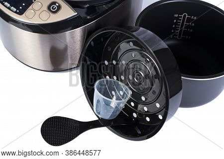 Automatic Multicooker And Accessories Set Isolated On A White Background. Modern Cooking Appliance A