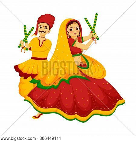 Beautiful Cute Cartoon Couple Character Illustration For Celebrating Indian Festival Of Navratri . M