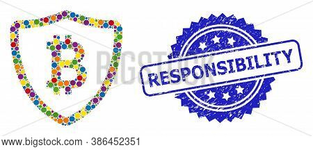 Multicolored Collage Bitcoin Shield, And Responsibility Grunge Rosette Stamp. Blue Stamp Has Respons