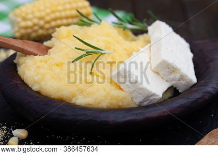 Mamaliga Or Polenta Porridge Made Out Of Yellow Maize Flour. Homemade Palenta With Cheese, Tradition