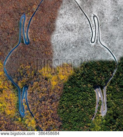 Seasons Concept Summer Winter Fall Spring Aerial View Winding Road Serpentine Mountain Pass Village 