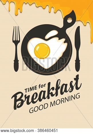 Flat Illustration With Appetizing Fried Egg In The Shape Of A Heart In A Black Frying Pan With Fork 