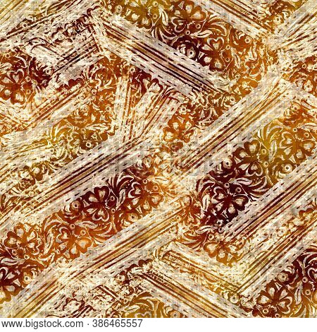 Seamless Modern Sepia Brown Blockprint Collage Print. Grunge Watercolor Texture Background. Worn Mot