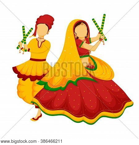 Illustration Of Beautiful Cute Couple Dancing Garba Or Dandiya Dance On The Occasion Of Navratri Ind