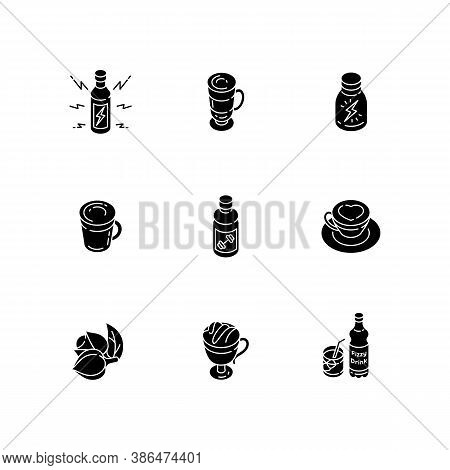 Energy Drinks Black Glyph Icons Set On White Space. Coffee In Cup. Guarana Ingredient. Fizzy Soft Be
