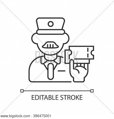 Ticket Inspector Linear Icon. Railroad Transportation Service Thin Line Customizable Illustration. C