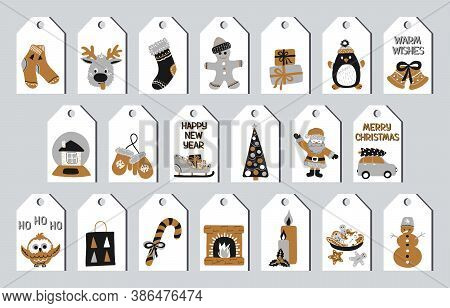 Set Of Christmas And New Year Gift Tags In The Scandinavian Doodle Style, Gold, Silver And Black Col