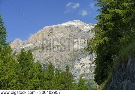 Mountain Landscape At Summer Along The Road To Campolongo Pass, Dolomites, Belluno Province, Veneto,
