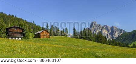 Mountain Landscape At Summer Along The Road To Campolongo Pass, Dolomites, Bolzano Province, Trentin