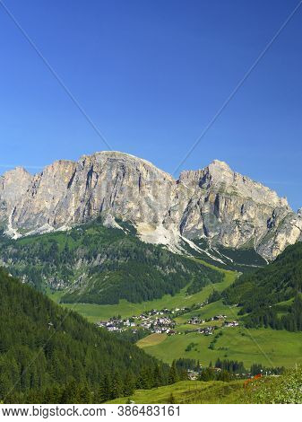 Mountain Landscape At Summer Along The Road To Campolongo Pass, Dolomites, Bolzano Province, Trentin