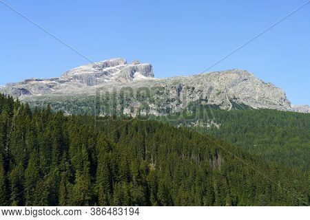 Mountain Landscape At Summer Along The Road To Campolongo Pass, Dolomites, Bolzano Province, Trentin