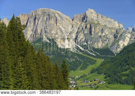 Mountain Landscape At Summer Along The Road To Campolongo Pass, Dolomites, Bolzano Province, Trentin