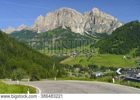 Mountain Landscape At Summer Along The Road To Campolongo Pass, Dolomites, Bolzano Province, Trentin