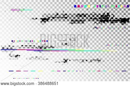 Glitch Digital Distortion On Transparent Backdrop. Color Shapes Template. Horizontal Random Elements
