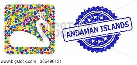Vibrant Mosaic Crowned Swan, And Andaman Islands Grunge Rosette Seal Print. Blue Stamp Seal Includes