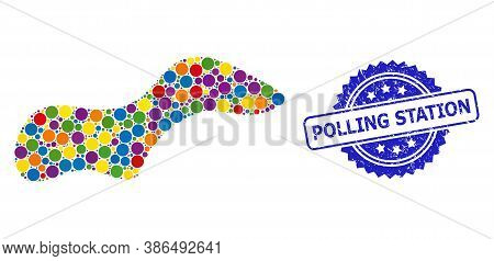 Vibrant Mosaic Spot, And Polling Station Corroded Rosette Stamp Seal. Blue Stamp Contains Polling St
