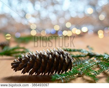 Wood Table With Sparkling Silver Bokeh Wall, Leave Room For Display Or Montage Design Or Content.
