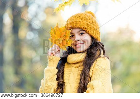 Feeling The Nature. Knitwear Warm You In Any Weather. Girl In Yellow Sweater And Hat. Kid Enjoy Natu