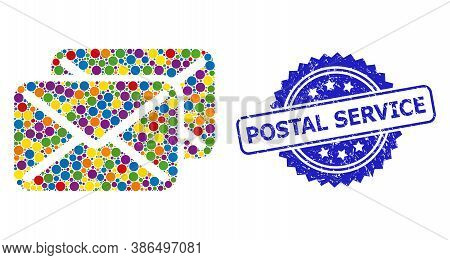Colorful Mosaic Letters, And Postal Service Grunge Rosette Stamp. Blue Stamp Seal Has Postal Service