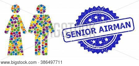 Colored Mosaic Married Groom And Bribe, And Senior Airman Rubber Rosette Stamp. Blue Stamp Contains 