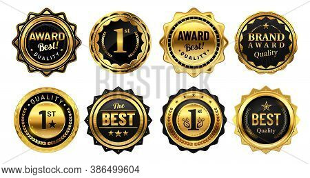 Golden Winner Badges. Retro Gold Quality Stamp, Exclusive Circle Badge And Heraldic Award. Sport Com