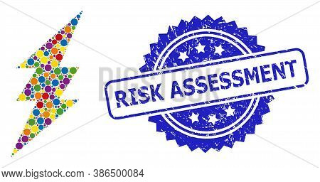 Vibrant Collage Electric Spark, And Risk Assessment Unclean Rosette Stamp Seal. Blue Stamp Seal Has 