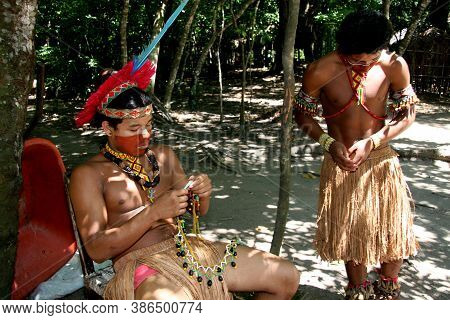 Porto Seguro, Bahia / Brazil - February 21, 2008: Pataxos Indians Are Seen In The Village Jaqueira I