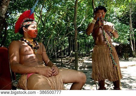 Porto Seguro, Bahia / Brazil - February 21, 2008: Pataxos Indians Are Seen In The Village Jaqueira I