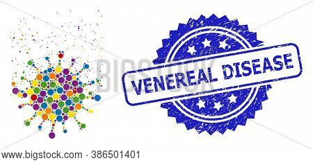 Bright Colored Collage Virus Dissipation, And Venereal Disease Textured Rosette Seal Imitation. Blue