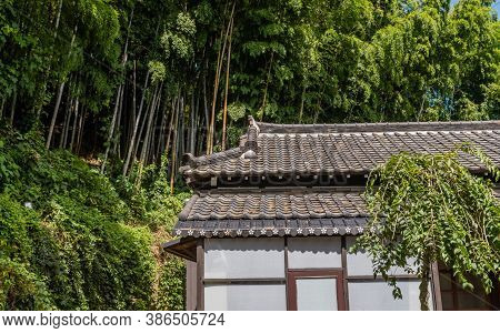 Geumsan, South Korea; September 12, 2020: Temple Building With Ceramic Tiled Roof At Dongguksa Templ