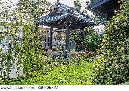 Geumsan, South Korea; September 12, 2020: Side View Of Wooden Bell Pavilion At Dongguksa Temple.