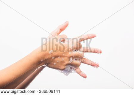 Closeup Young Asian Woman Washing Hands By Soap For Cleanliness And Prevent Germs Coronavirus, Studi