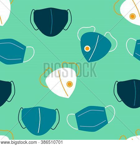 Seamless Pattern Of Medical Mask And Respirators With Background. \nvirus, Coronavirus, Flu, Colds, 