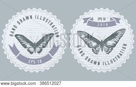 Monochrome Labels Design With Illustration Of Rajah Brooke S Birdwing Stock Illustration
