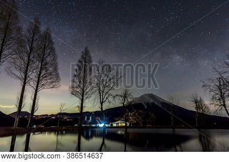 Mount Fuji Fujisan with Star and milkyway before sunrise