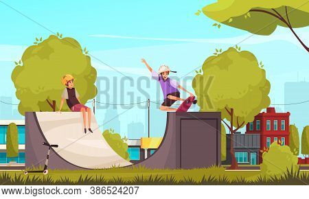 Outdoor Activities With Urban District Scenery And Characters Of Teenagers Skating On Skate Park Qua