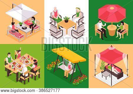 Isometric Garden Furniture Design Concept With Square Compositions Of Human Characters At Bench Tabl
